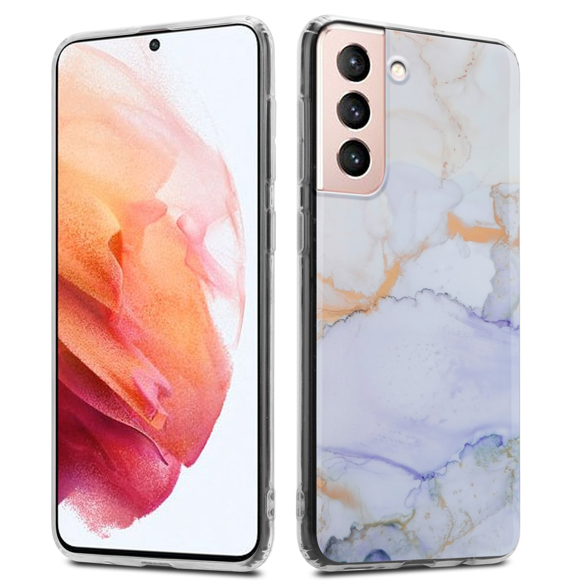 Due telefoni, uno con design a marmo blu e viola, l'altro con schermo. Lo sfondo è bianco.