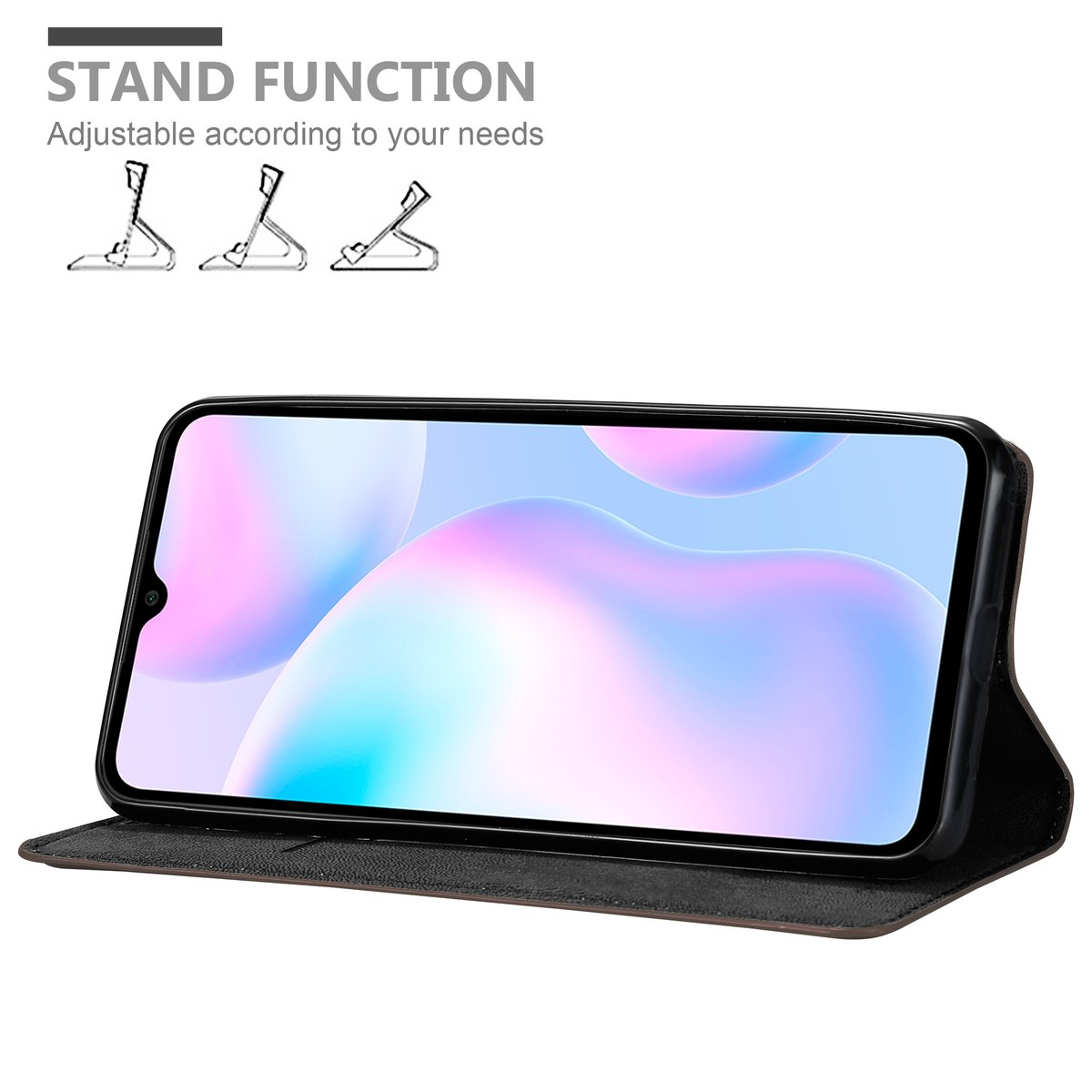 Un telefono in una custodia è appoggiato. La custodia ha una funzione di supporto. Il telefono visualizza un'interfaccia colorata.