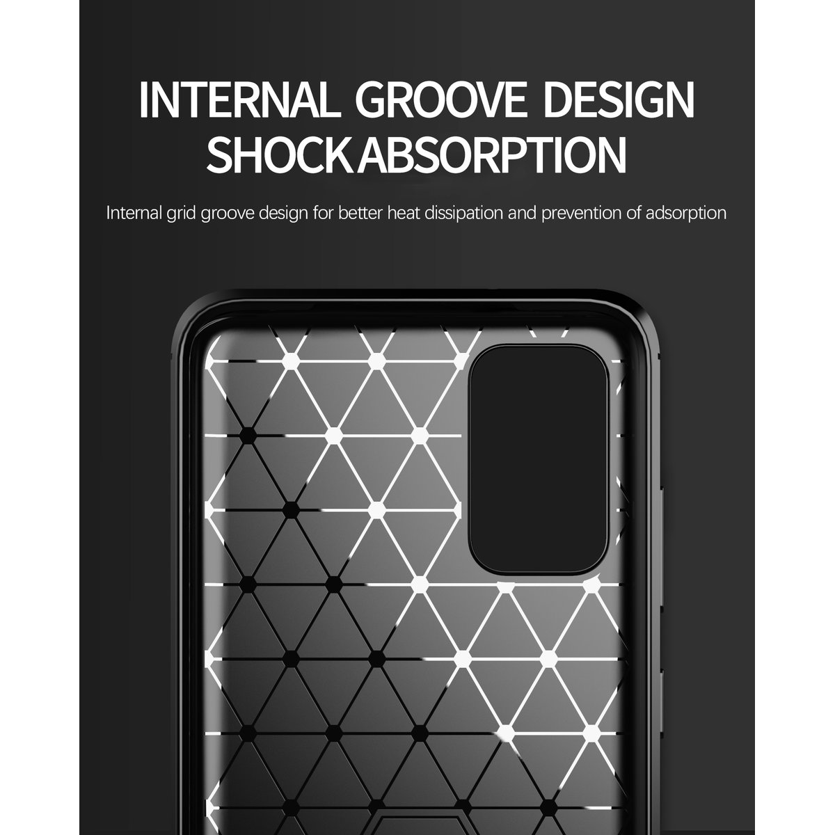 Una custodia per telefono con un motivo geometrico, con testo sul design a scanalature interne per la dissipazione del calore.