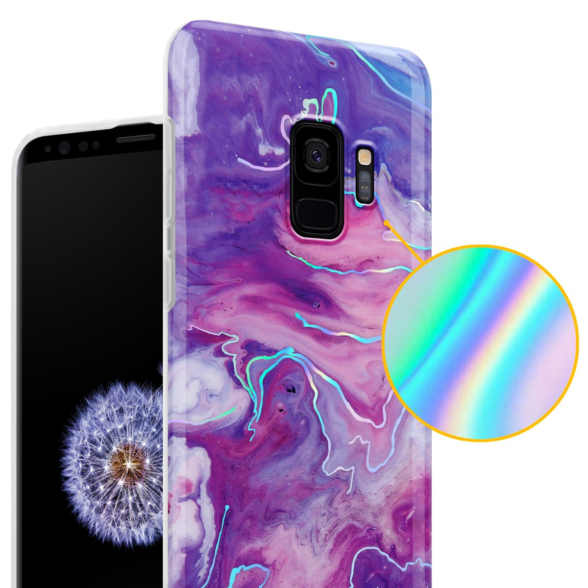 Un telefono con una custodia in marmo viola. Un cerchio ingrandisce parte della custodia.