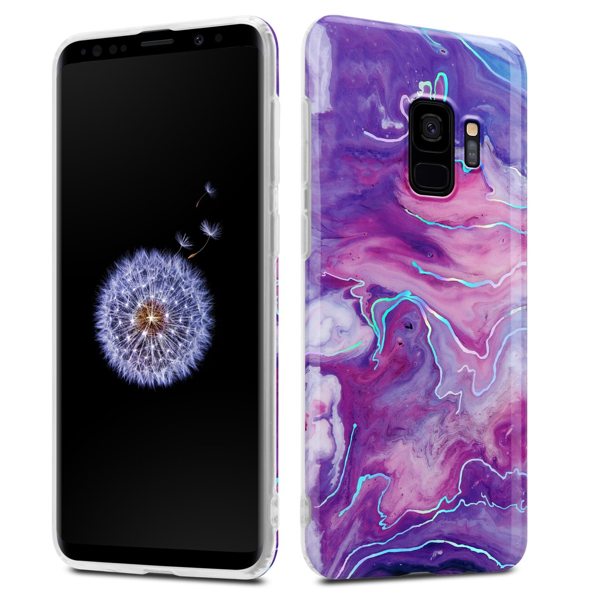Due telefoni in custodie. Uno con uno schermo che mostra un dente di leone. L'altro con un design marmorizzato.
