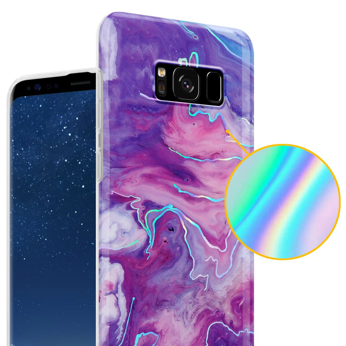 Custodia viola con effetto marmo, telefono all'interno e primo piano del dettaglio olografico.
