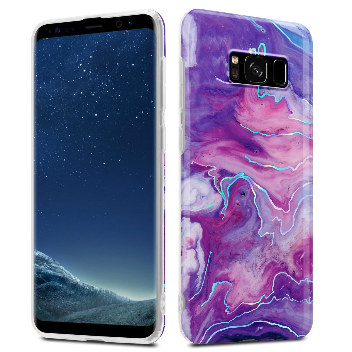 Uno smartphone in una custodia con un design a marmo viola e rosa. Lo schermo mostra un cielo stellato.