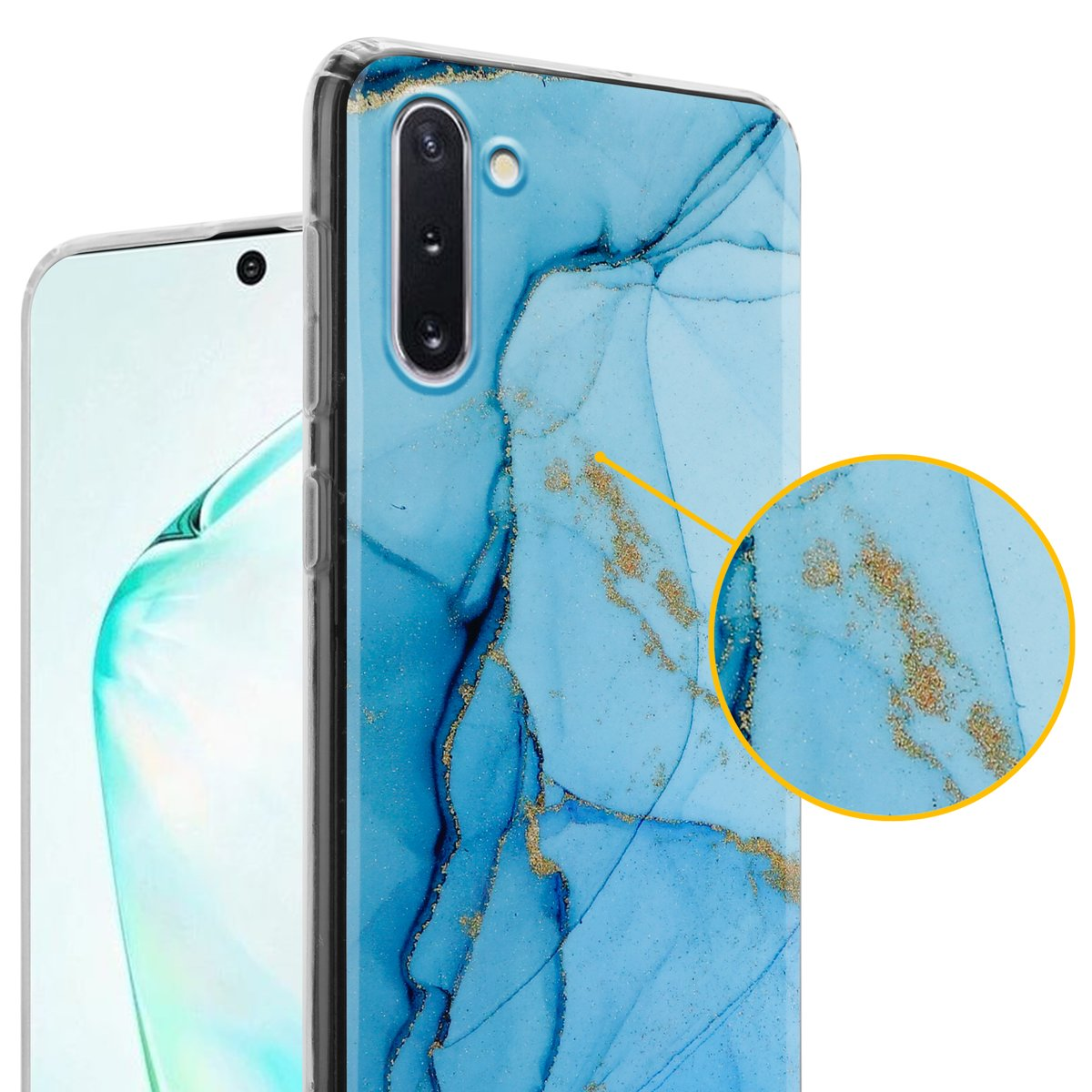 Custodia per telefono con vortici blu. La custodia è trasparente. La custodia del telefono ha accenti dorati.