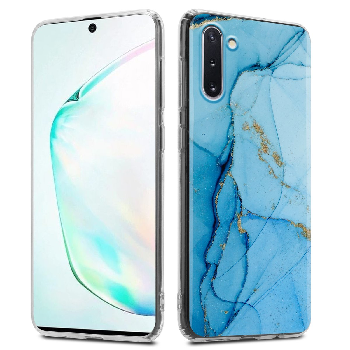 Due custodie per telefono con un design marmorizzato. Una custodia è su un telefono, l'altra è vuota.