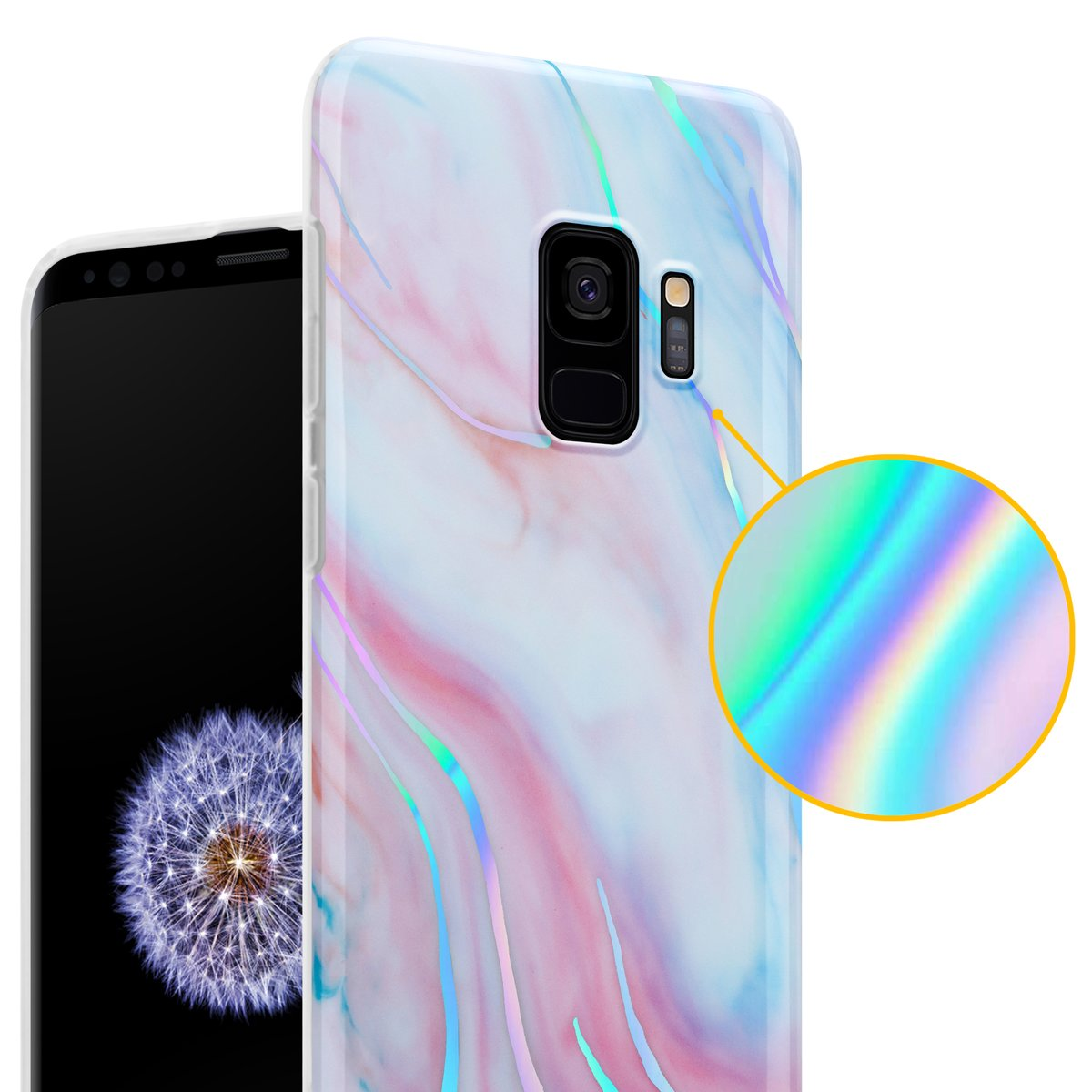 Custodia per telefono con un design a marmo e un telefono. La custodia è su un telefono con sfondo marmoreo. Il design è dettagliato.