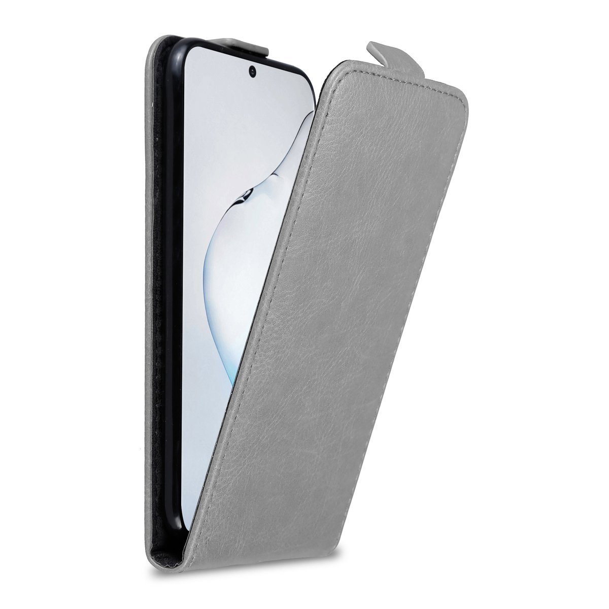 Custodia grigia, aperta. Telefono visibile. Copertura grigia aperta. Sfondo bianco.