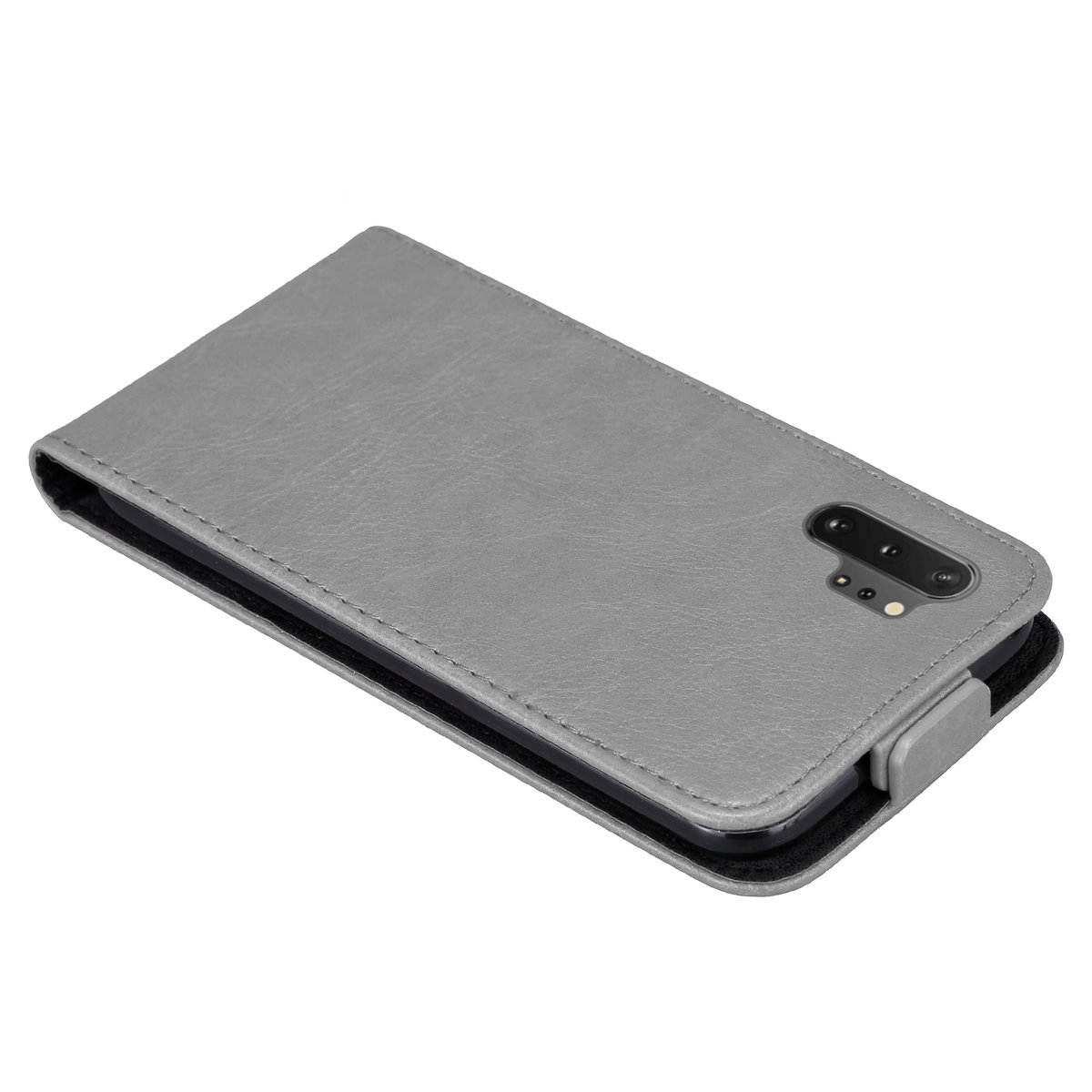 Una custodia grigia per telefono con una texture simile alla pelle, in stile portafoglio.