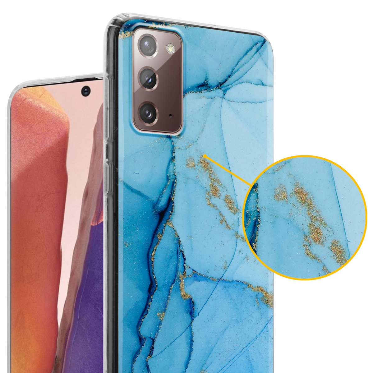 Una custodia per telefono blu con un design marmorizzato. La custodia del telefono è su sfondo bianco.