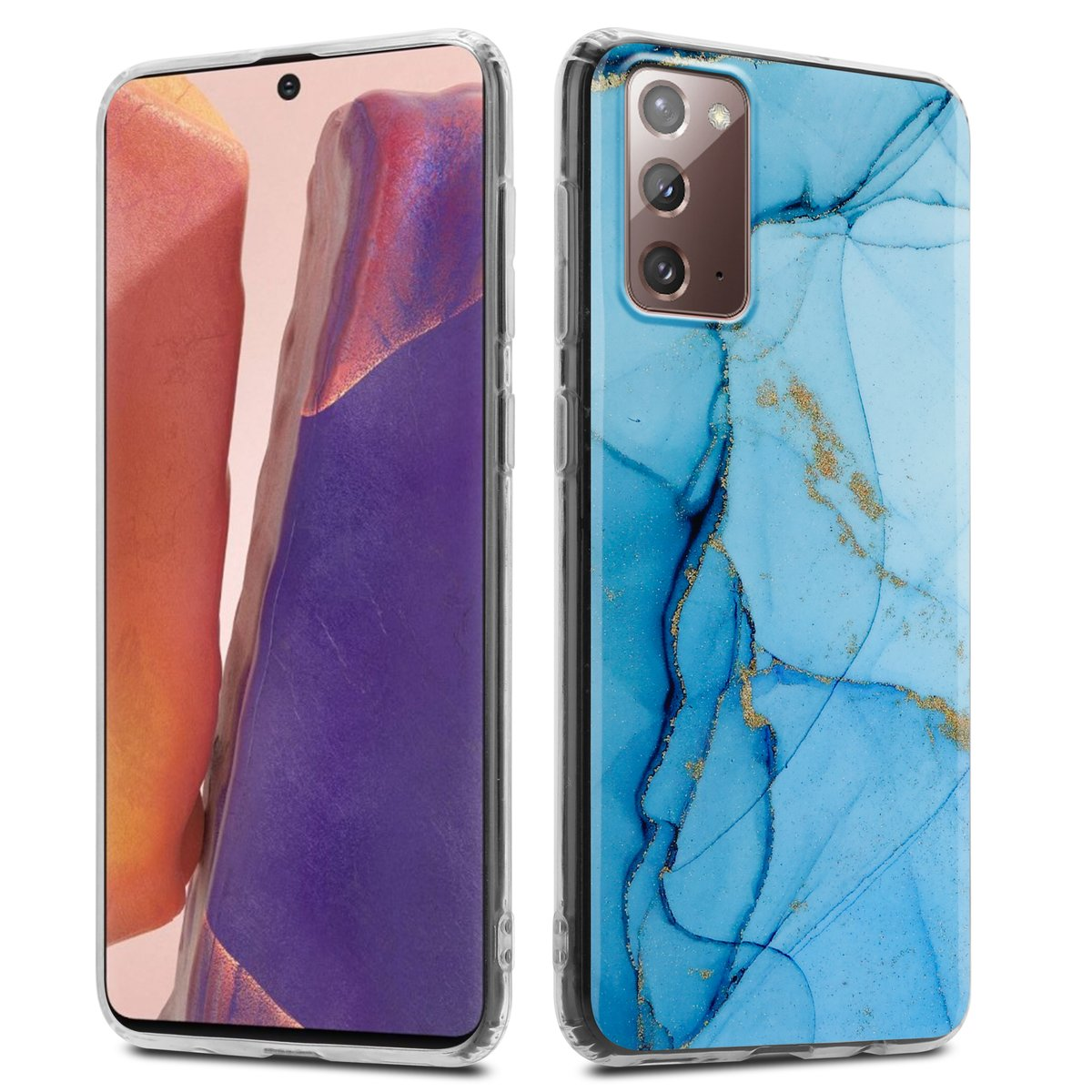 Due telefoni in custodie trasparenti. Uno ha un design a marmo blu sul retro. Lo schermo dell'altro è visibile.