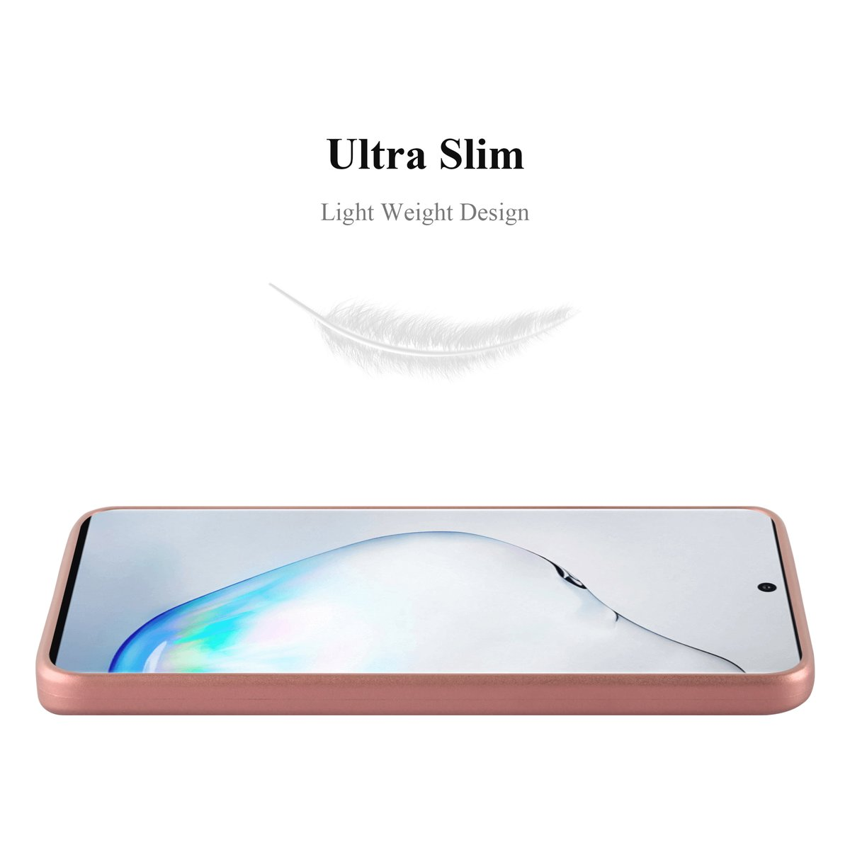 Custodia per telefono oro rosa su sfondo bianco. È ultra sottile e leggera.