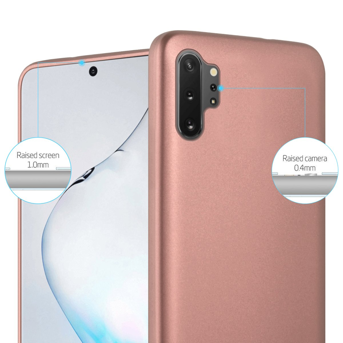 Primo piano di un telefono color oro rosa. Lo schermo e la fotocamera rialzati sono evidenziati.