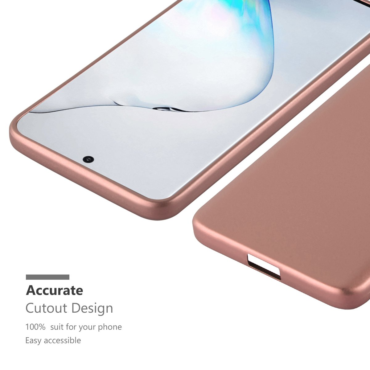 Custodia per telefono oro rosa con un telefono all'interno. Il testo recita "Accurate Cutout Design" e "Easy accessible".