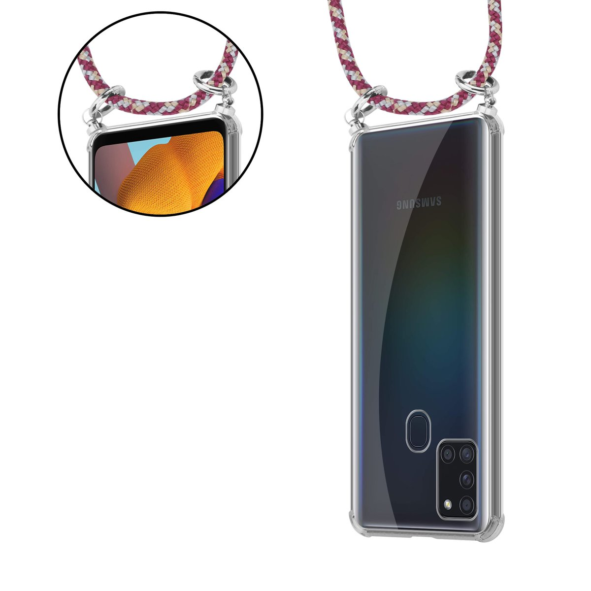 Telefono in custodia trasparente con cinturino in corda bordeaux e bianco. Il telefono ha più fotocamere.