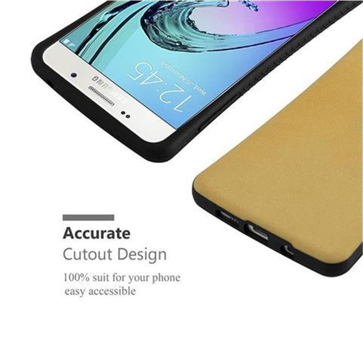 Custodia per telefono gialla con un telefono all'interno. Il testo recita "Accurate Cutout Design" e "Easy accessible".