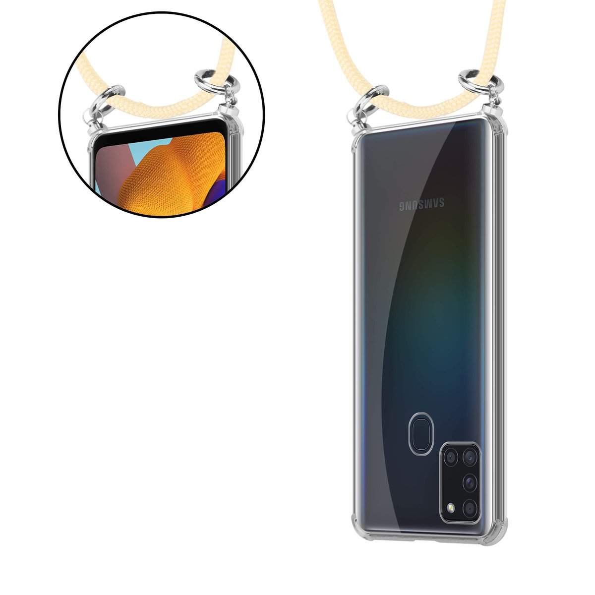Custodia per telefono con cordino giallo chiaro. Il telefono è mostrato con una cover trasparente. Il telefono ha un logo.