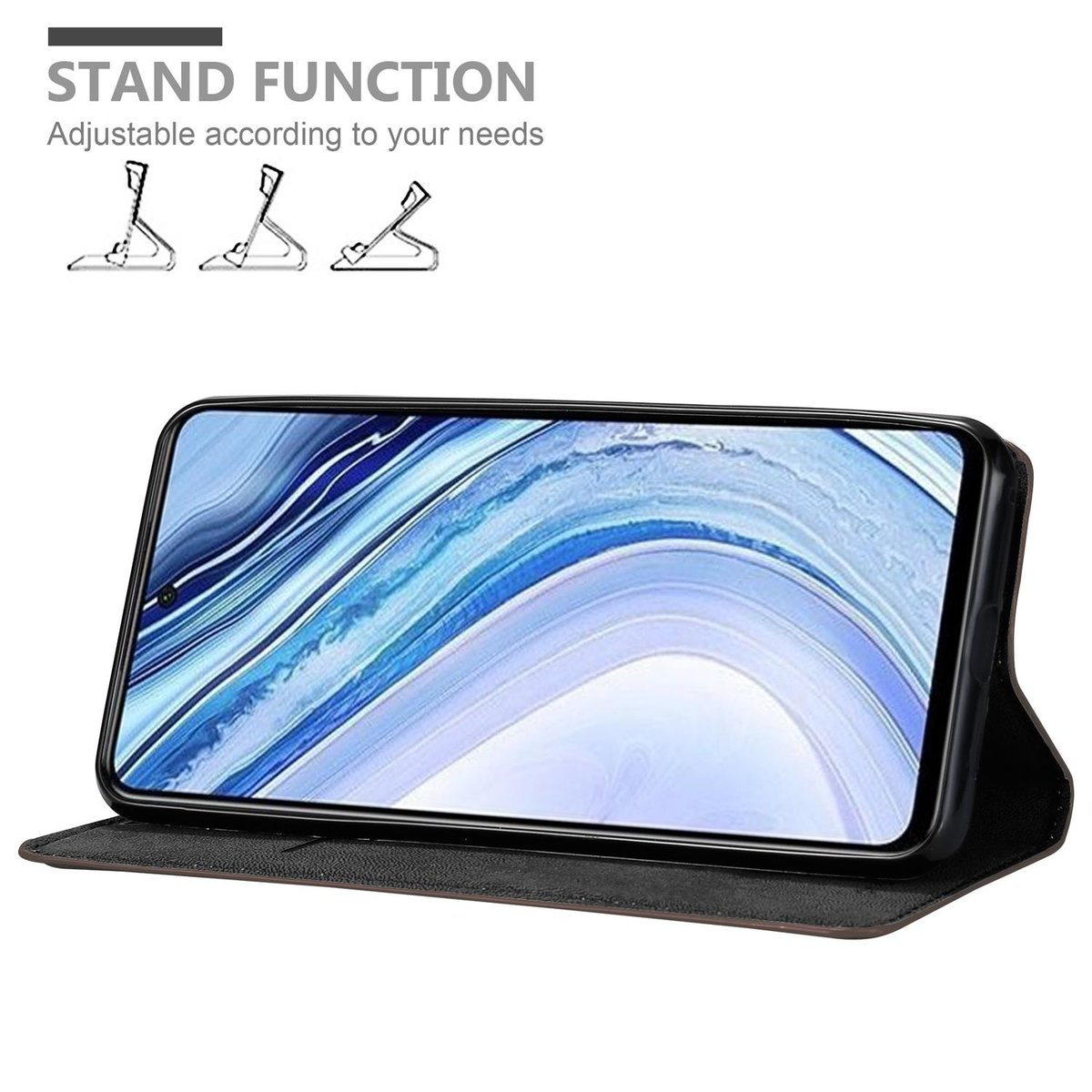 Custodia per telefono con funzione stand, che mostra uno schermo del telefono. Custodia nera, sfondo bianco. Icone stand.