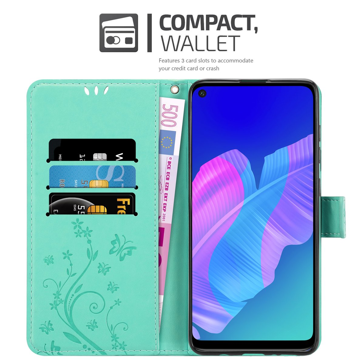 Una custodia per telefono turchese aperta, con un telefono e carte all'interno. La custodia ha un design floreale e fessure per carte e contanti.