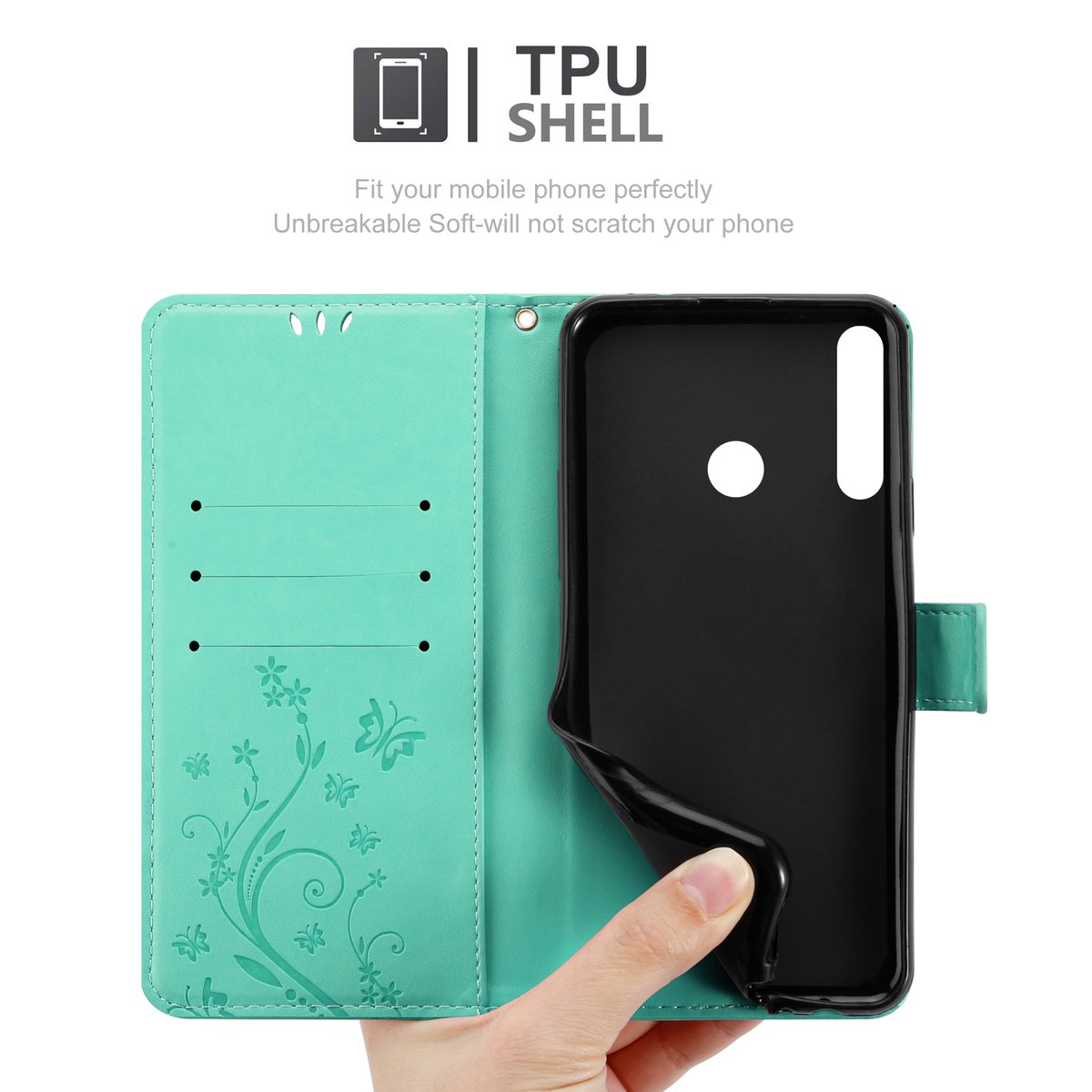 Una custodia per telefono è aperta, mostrando un telefono all'interno. La custodia è verde con fiori.