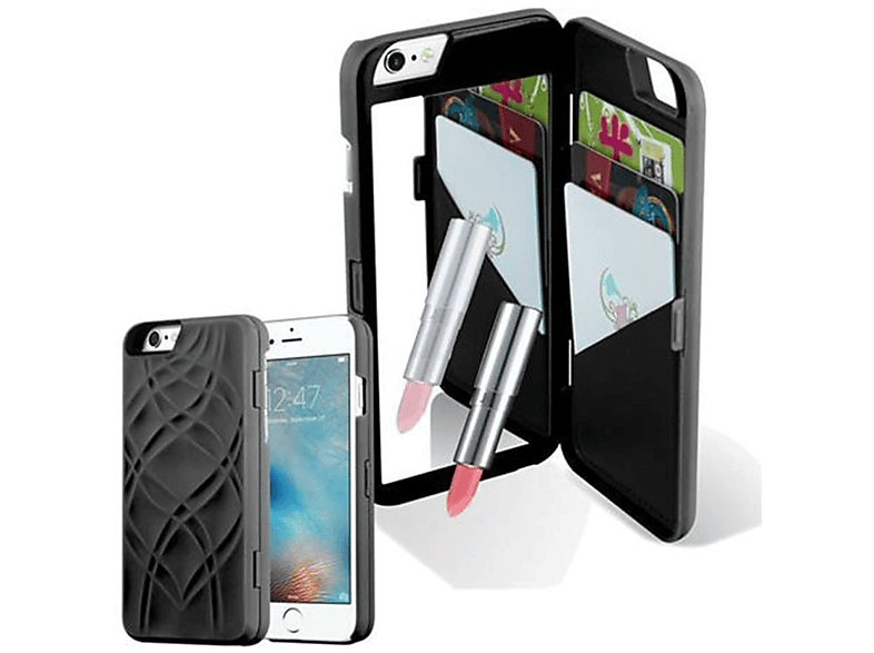 CADORABO Hülle Hard Case Schutzhülle mit Spiegel und Kartenfächern, Backcover, Apple, iPhone 6 PLUS / 6S PLUS, SCHWARZ