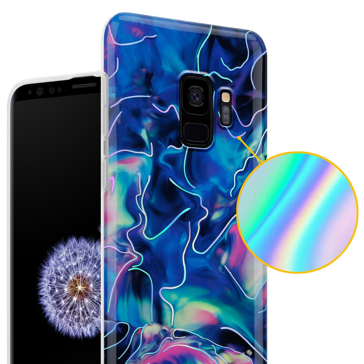 Un telefono con una custodia blu e viola. È visibile un primo piano di un effetto olografico.