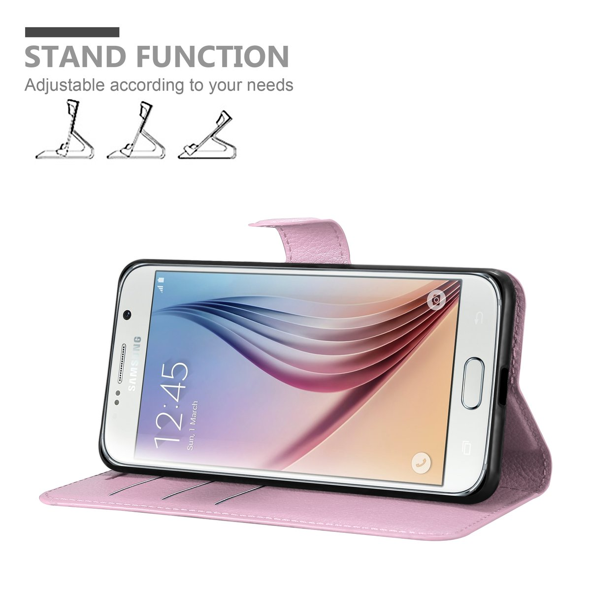 Una custodia rosa con telefono, in funzione supporto, regolabile in base alle esigenze.