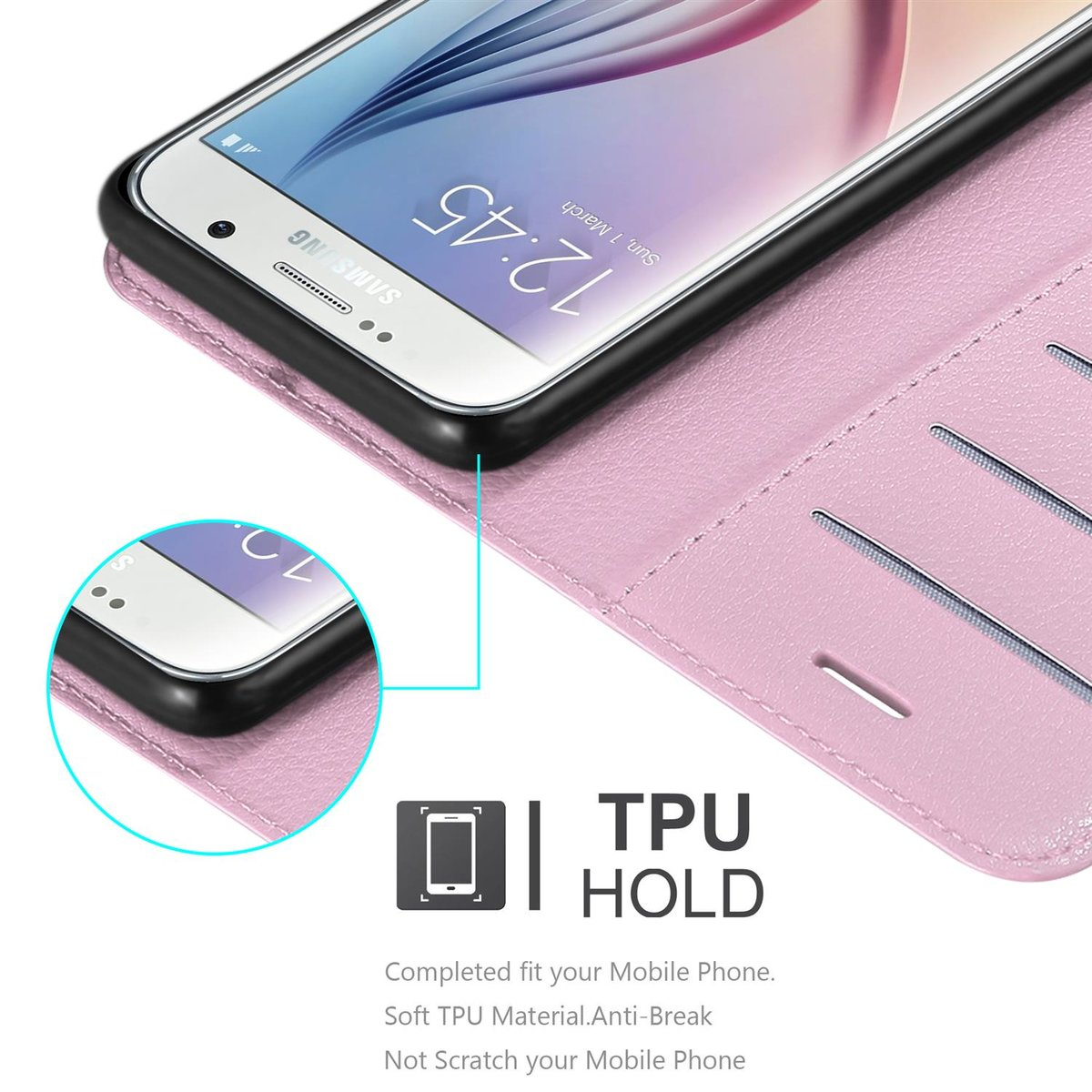 Custodia per telefono rosa aperta, che mostra lo schermo del telefono. La custodia ha slot per schede e un supporto in TPU.