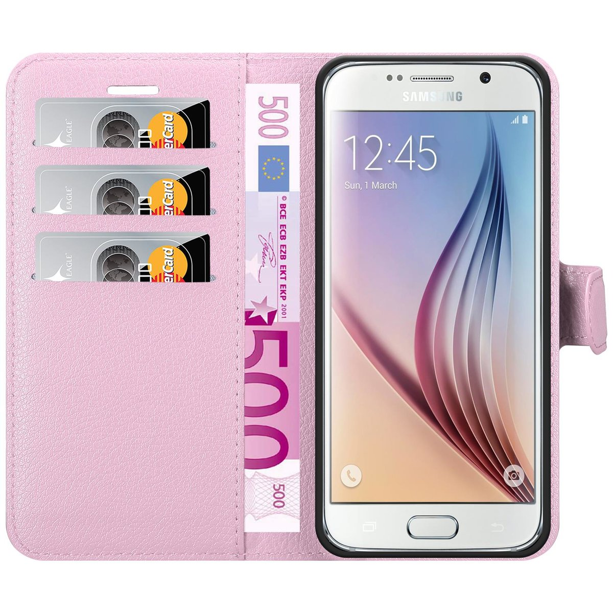 Una custodia per telefono rosa con un telefono e carte di credito all'interno, anche una banconota da 500 euro.