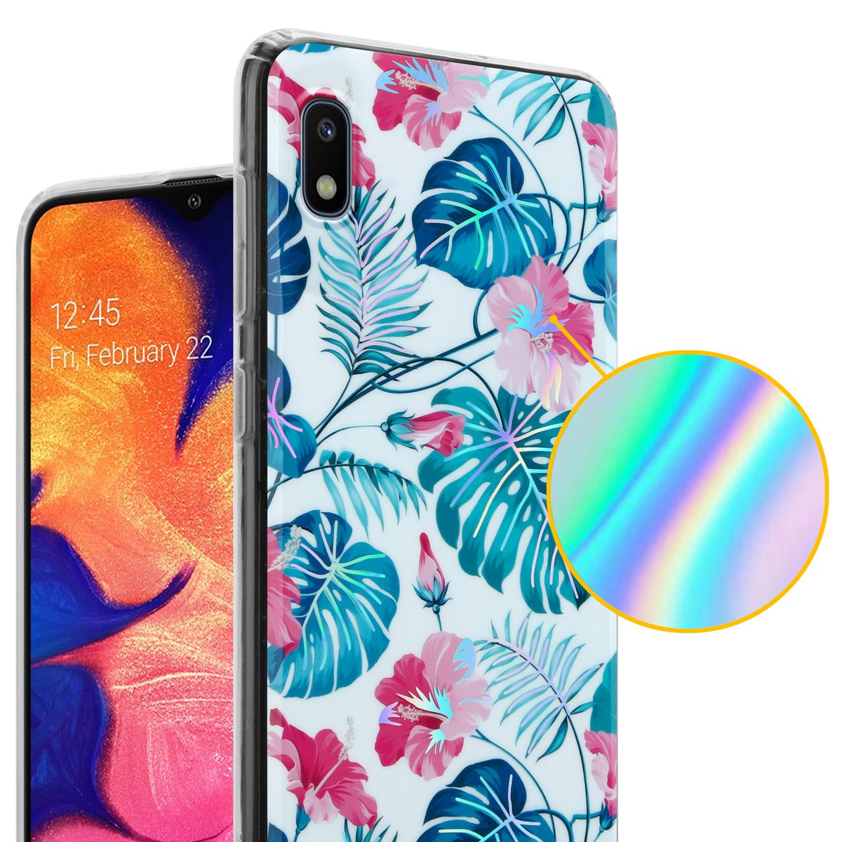 Uno smartphone con una custodia floreale. Fiori rosa e blu con foglie verdi su sfondo bianco.