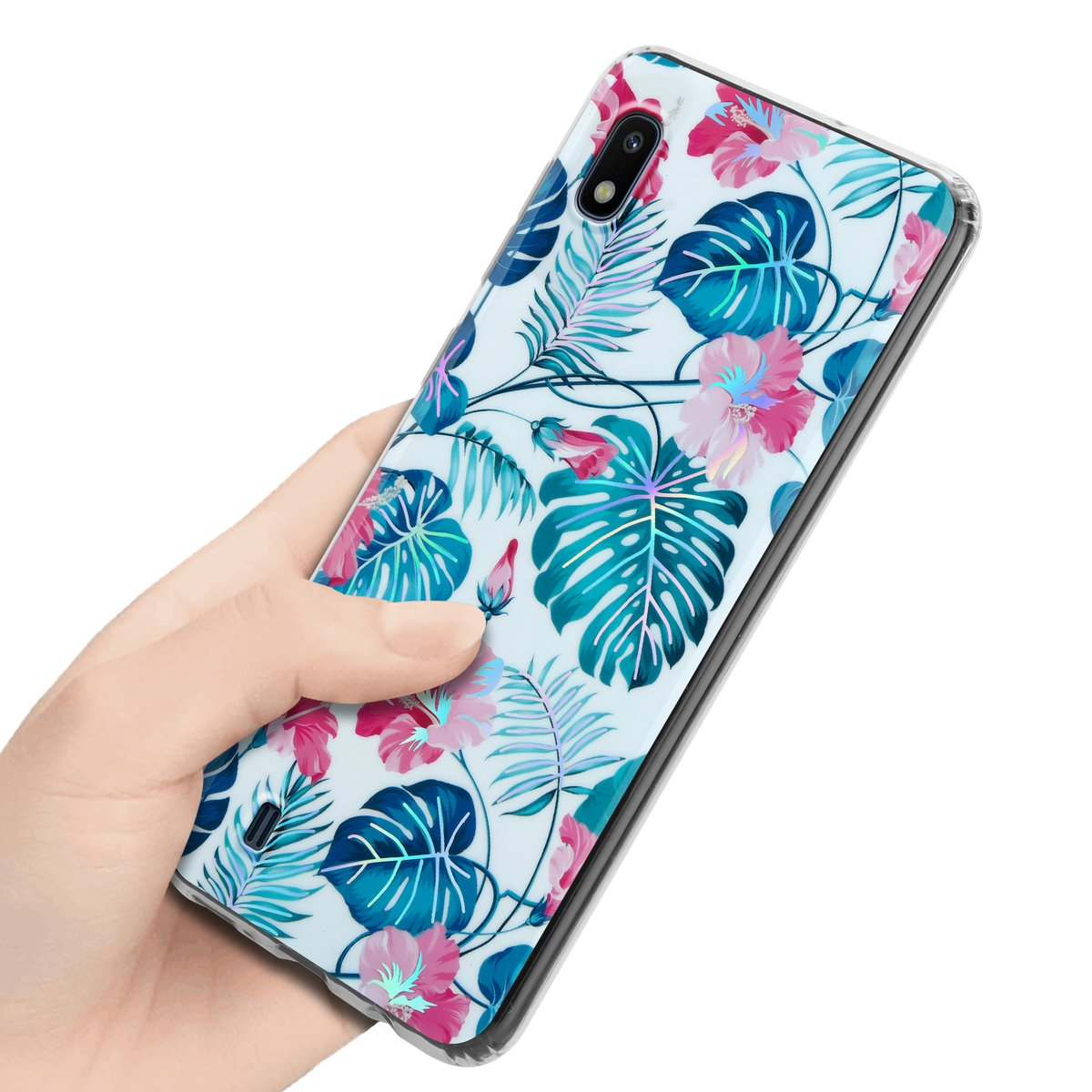 Custodia floreale per telefono con una mano. La custodia è bianca con fiori rosa e blu.