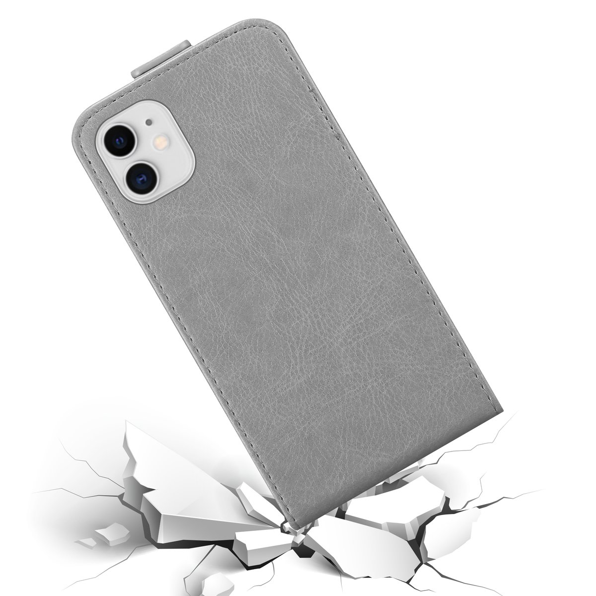 Custodia grigia per telefono con effetto schermo rotto. Sfondo bianco.