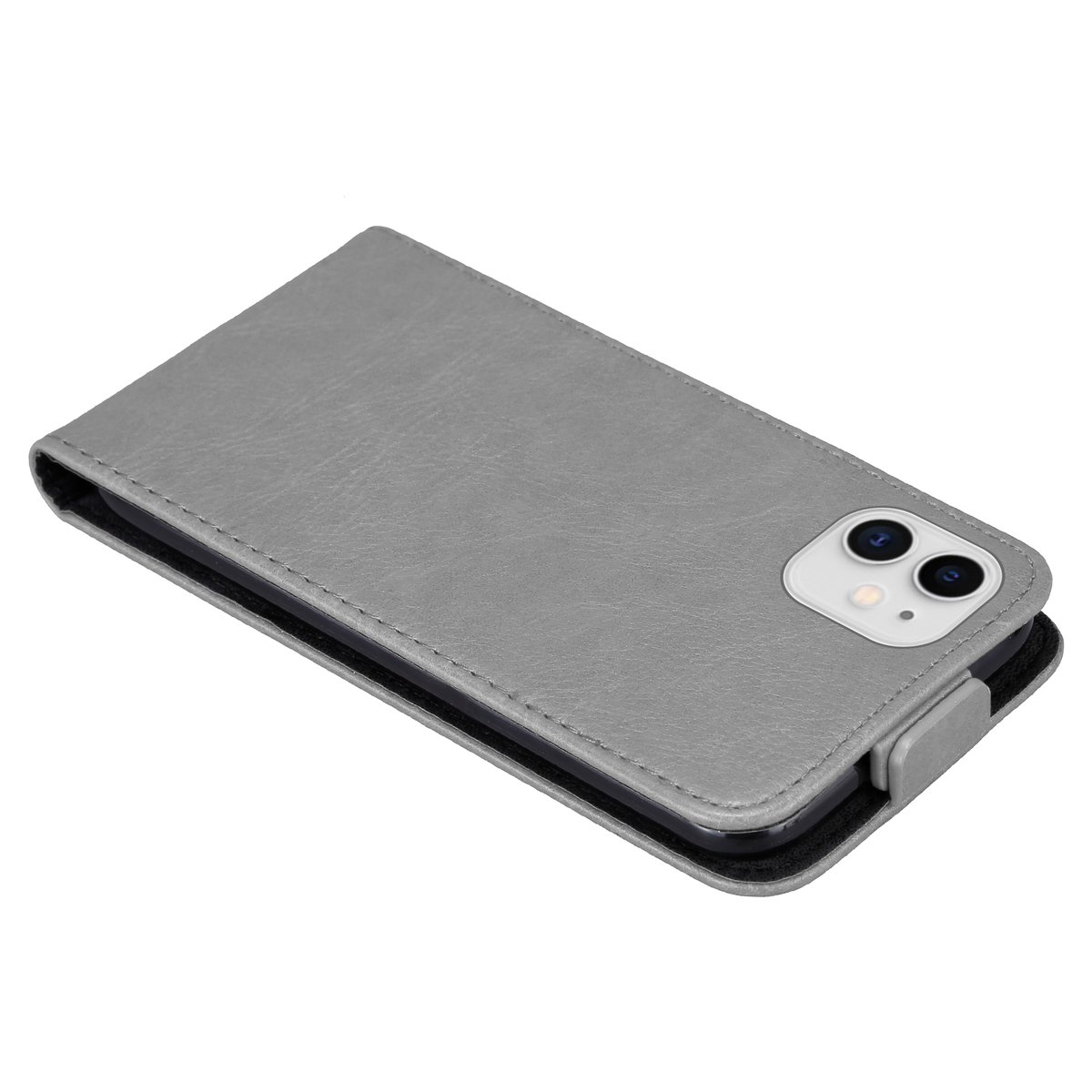 Una custodia grigia per telefono è mostrata da un'angolazione. La custodia del telefono è chiusa. La fotocamera e i pulsanti sono visibili.