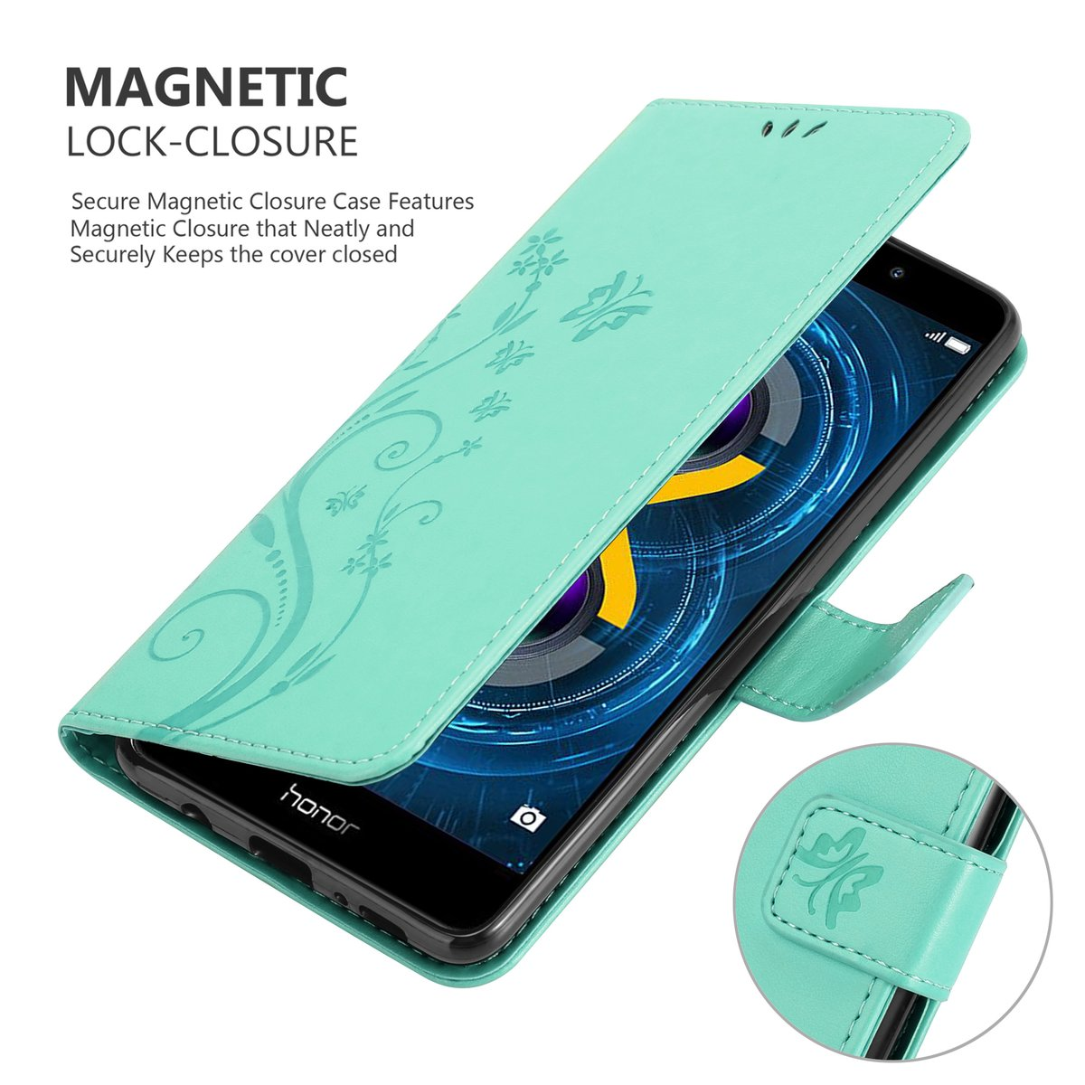 Custodia verde con design floreale e chiusura magnetica. Schermo del telefono visibile all'interno.