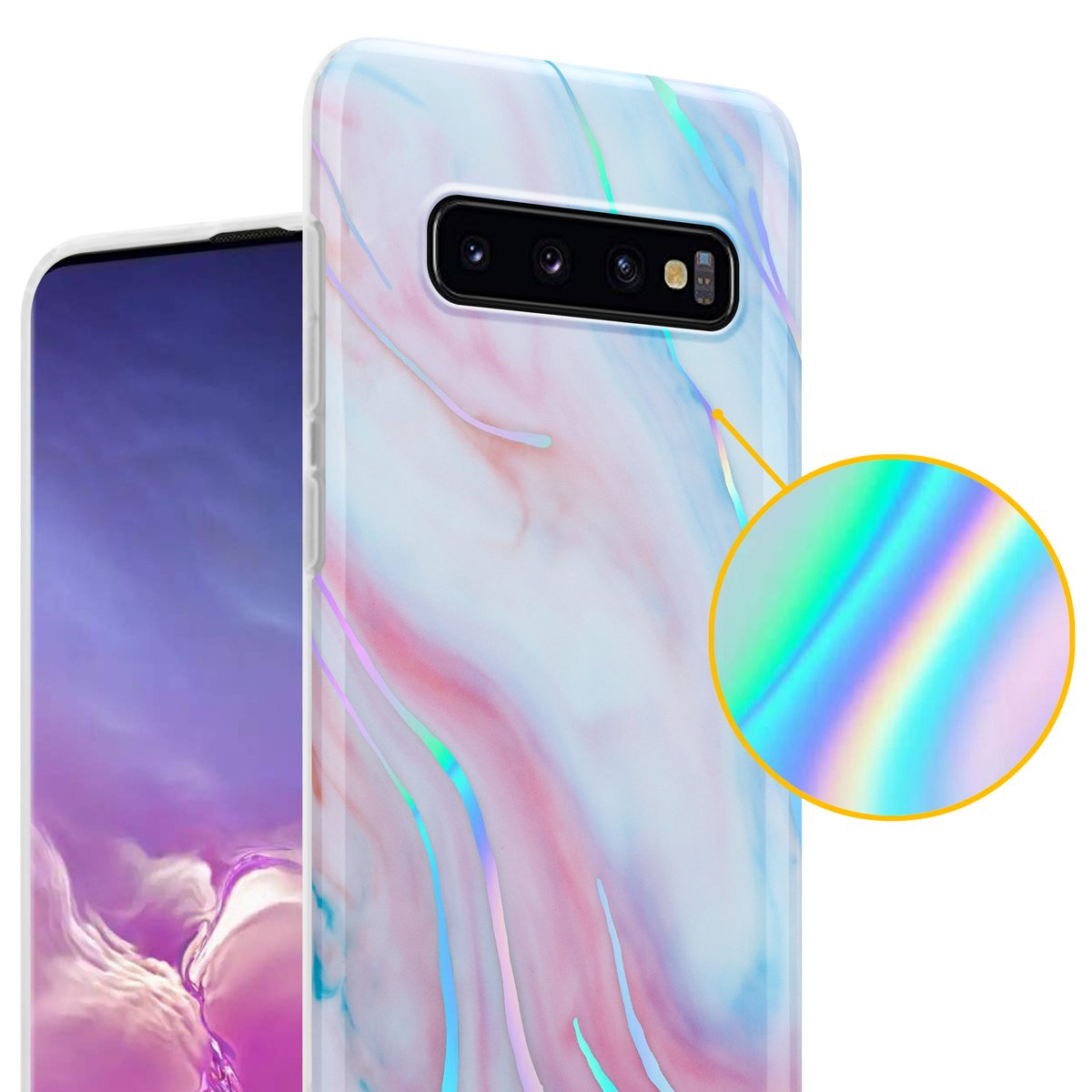 Custodia per telefono, motivo marmoreo. Dettaglio di una custodia con design marmoreo ed effetto olografico.