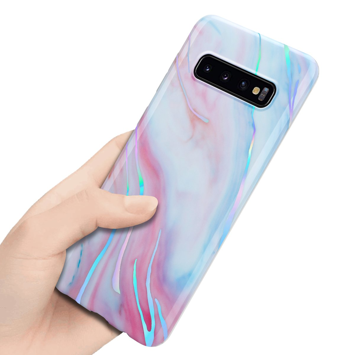 Una mano che tiene una custodia per telefono con un design marmorizzato e uno sfondo bianco e blu con striature rosa.