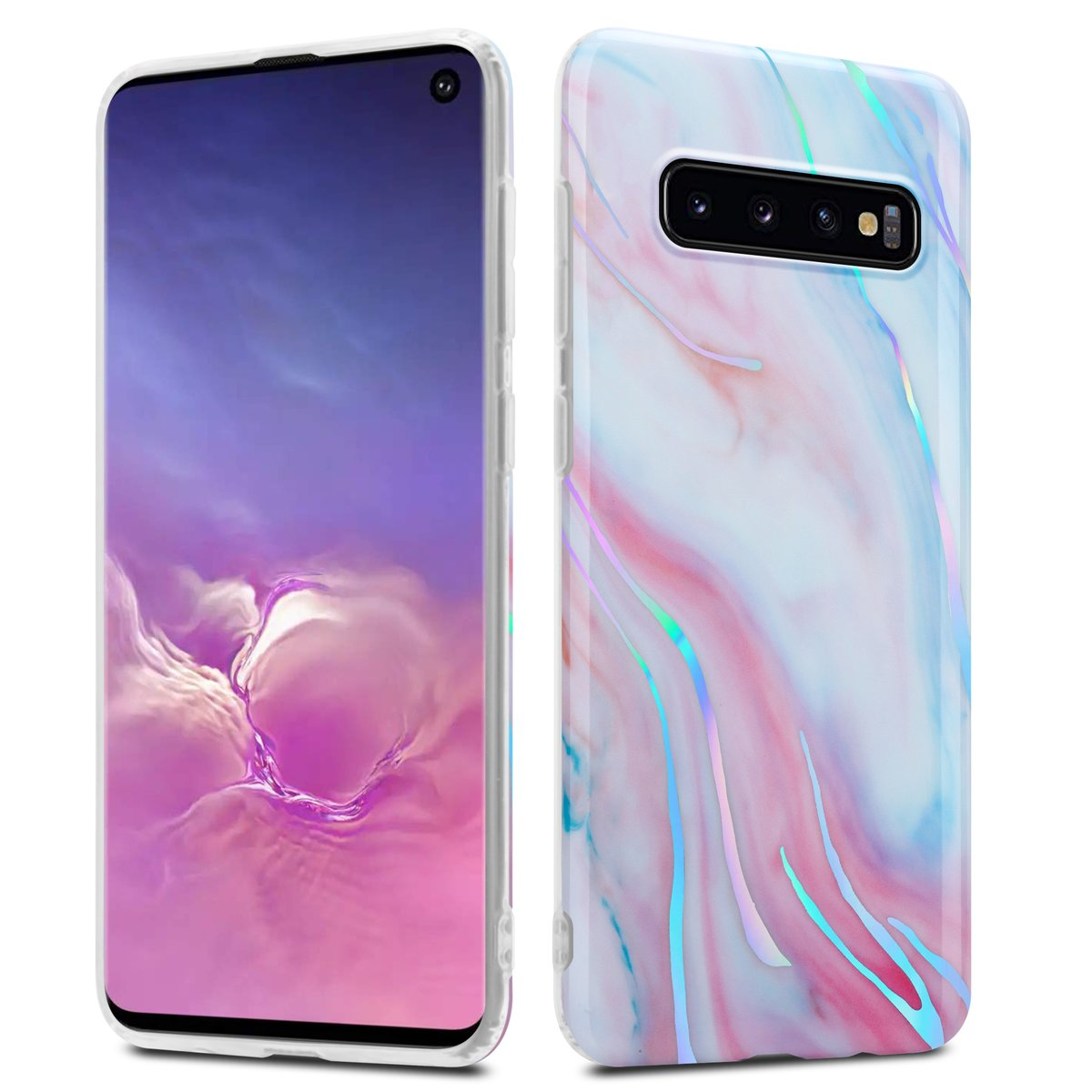 Due telefoni con custodie. Sinistra: custodia trasparente, Destra: design marmorizzato.