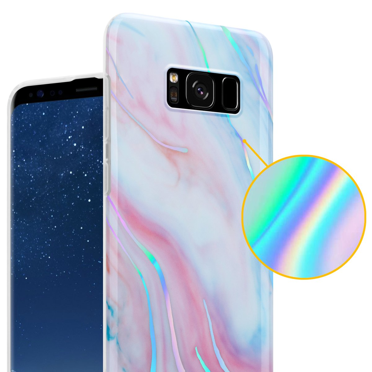 Custodia per telefono con design marmorizzato. Strisce rosa e blu. Dettaglio iridescente aggiuntivo. Telefono visibile.