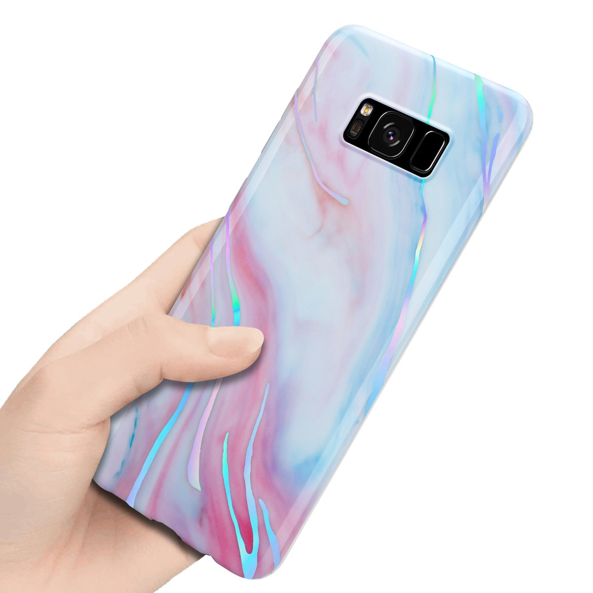 Una mano che tiene una custodia per telefono in marmo bianco e rosa. Ha una finitura lucida e una fotocamera.