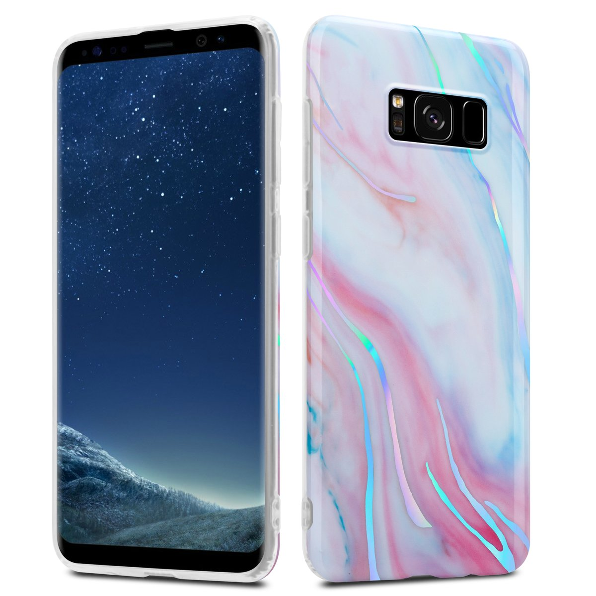 Un telefono con una custodia. La custodia ha un design marmorizzato. Lo sfondo è bianco.