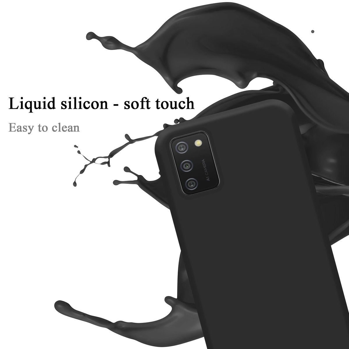 Custodia nera per telefono con uno schizzo di vernice nera e il testo 'Liquid silicon-soft touch'.
