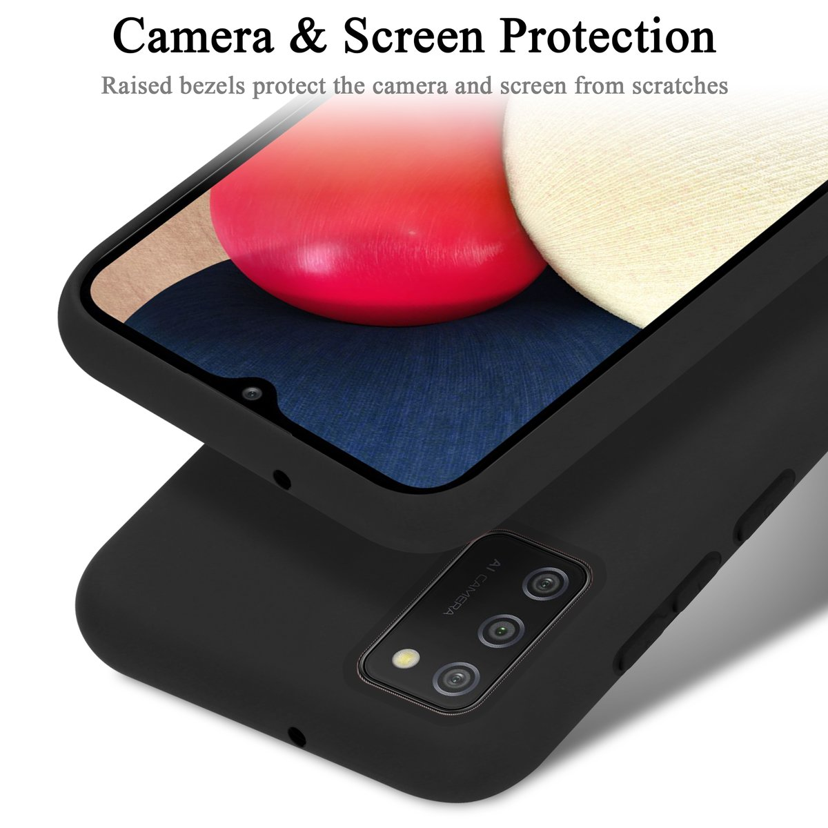 Una custodia per telefono nera con un telefono all'interno. La custodia ha bordi rialzati e protegge la fotocamera e lo schermo.