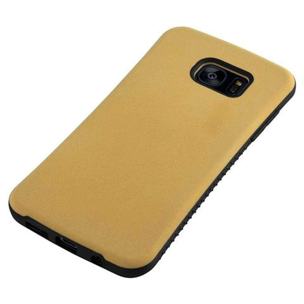 Custodia per telefono dorata su sfondo bianco. La custodia è per un telefono.