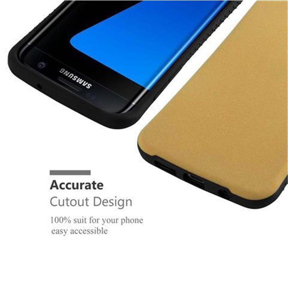 Telefono con custodia nera e retro giallo. L'immagine mostra il design ritagliato.