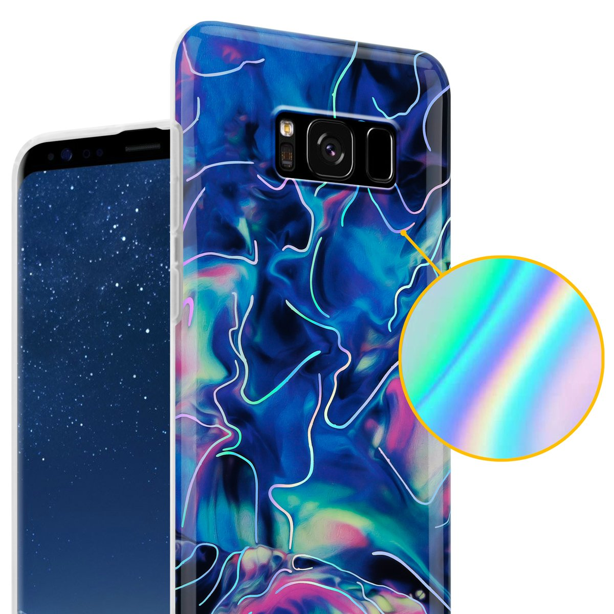Un telefono in una custodia con un design blu e viola. Un'area ingrandita ha un effetto di colore.