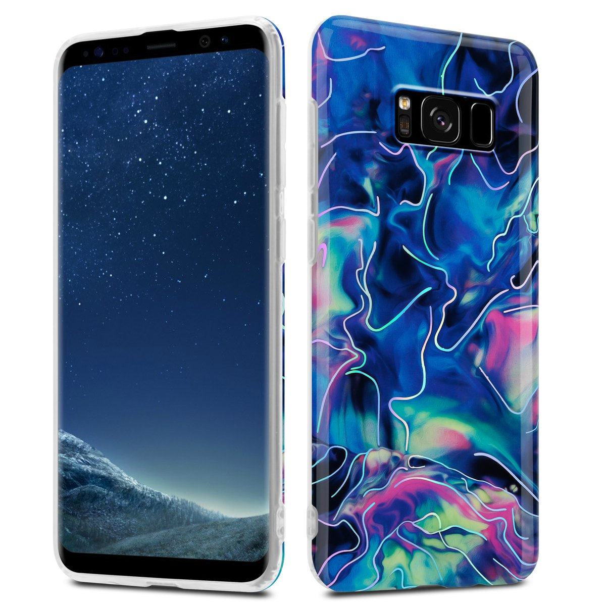 Telefono in una custodia con un motivo astratto blu e rosa. Lo schermo mostra un paesaggio.