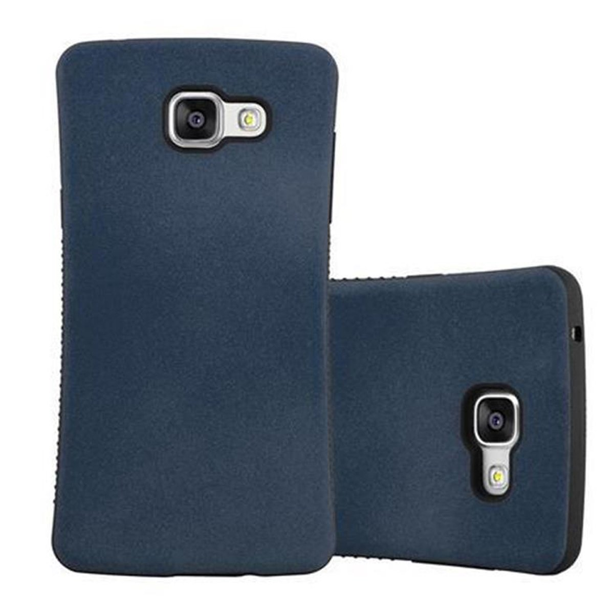 Dos fundas de teléfono azul marino. Una está en la parte trasera y la otra mira a la cámara.