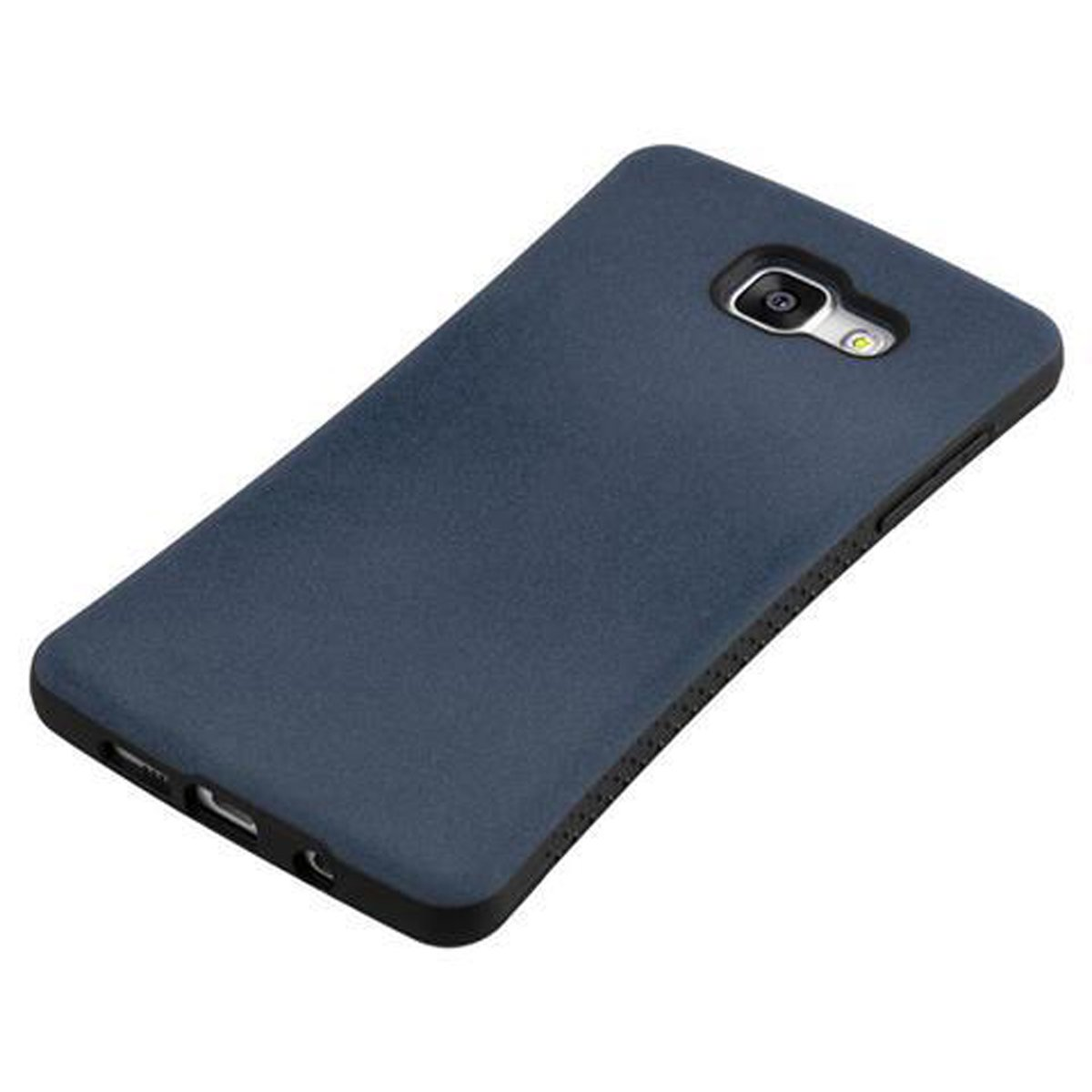 Funda de teléfono azul marino, con recortes para la cámara y otras funciones, sobre un fondo blanco.