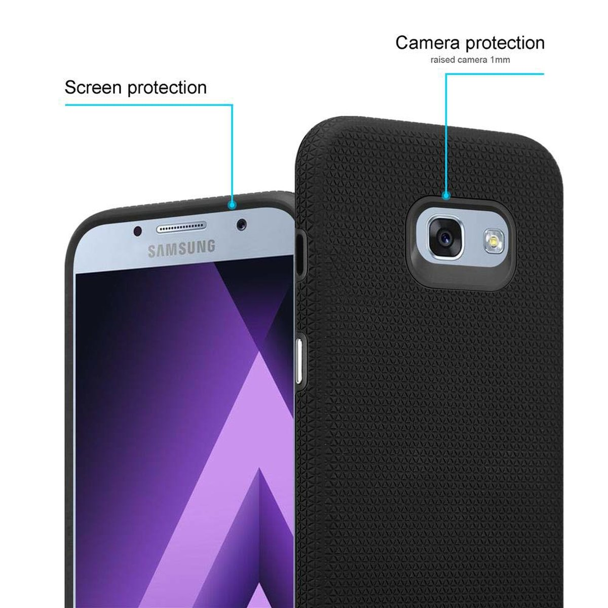 Custodia per telefono nera con un telefono all'interno. Sono evidenziati i dettagli di protezione dello schermo e della fotocamera.