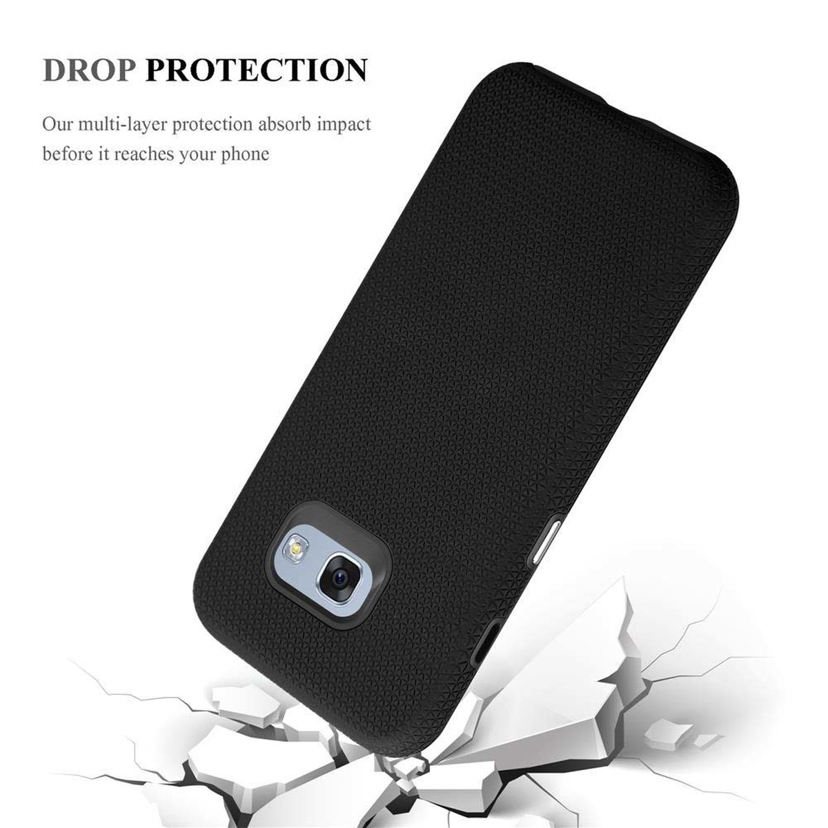 Custodia nera per telefono angolata su una superficie bianca. Testo: "DROP PROTECTION" e "Our multi-layer protection".