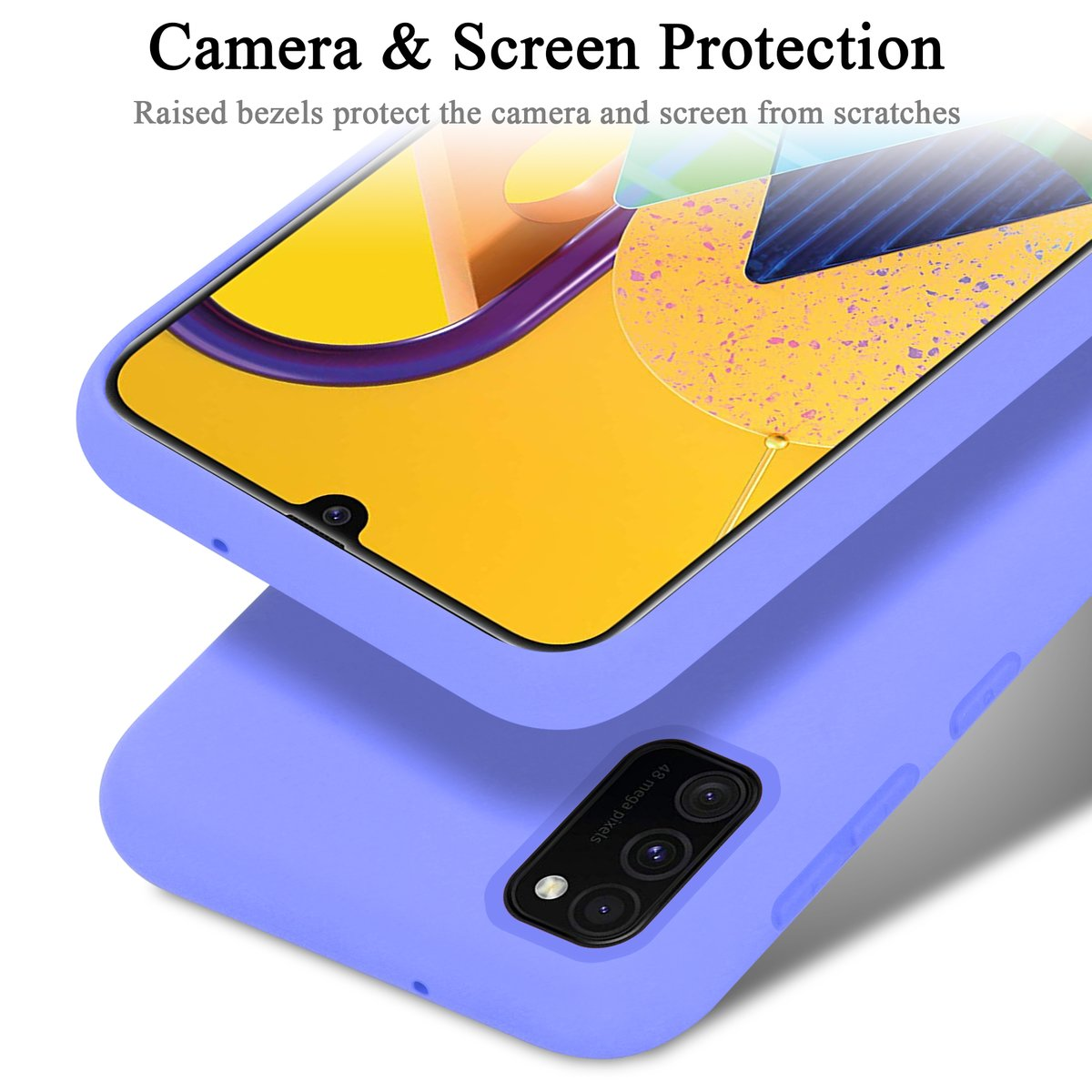 Una custodia per telefono viola con uno schermo che mostra un design astratto colorato.